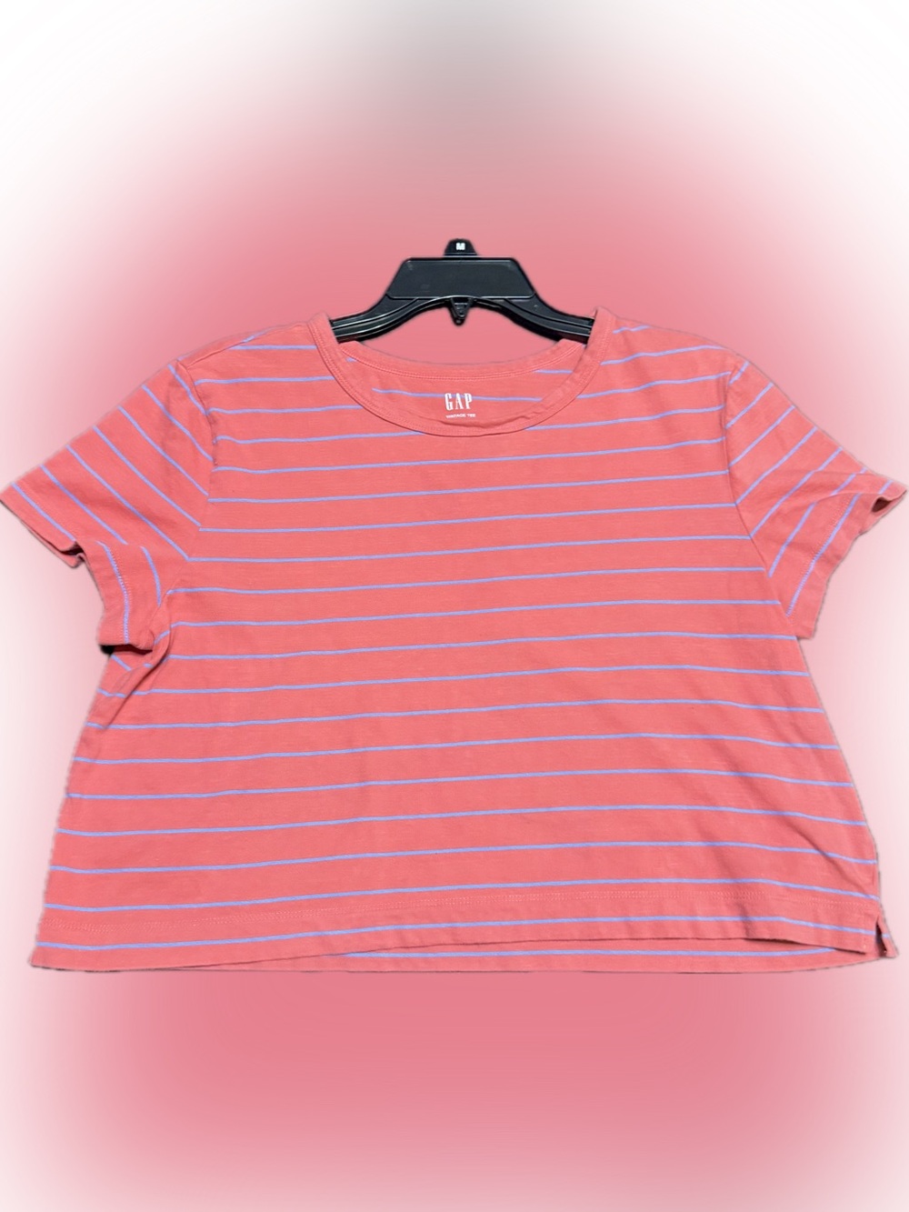 GAP Women’s Vintage Cropped Tee in Coral Pink  with Blue Sripes - Size L